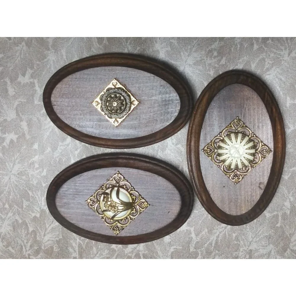 VINTAGE wall hangings Set of 3 Oval Ornate Embellished brown 5.25